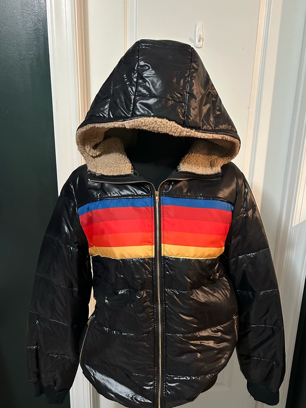 CLOSET CLOSING - Last Call! Black Puffer Jacket with Rainbow Stripe Hooded Coat